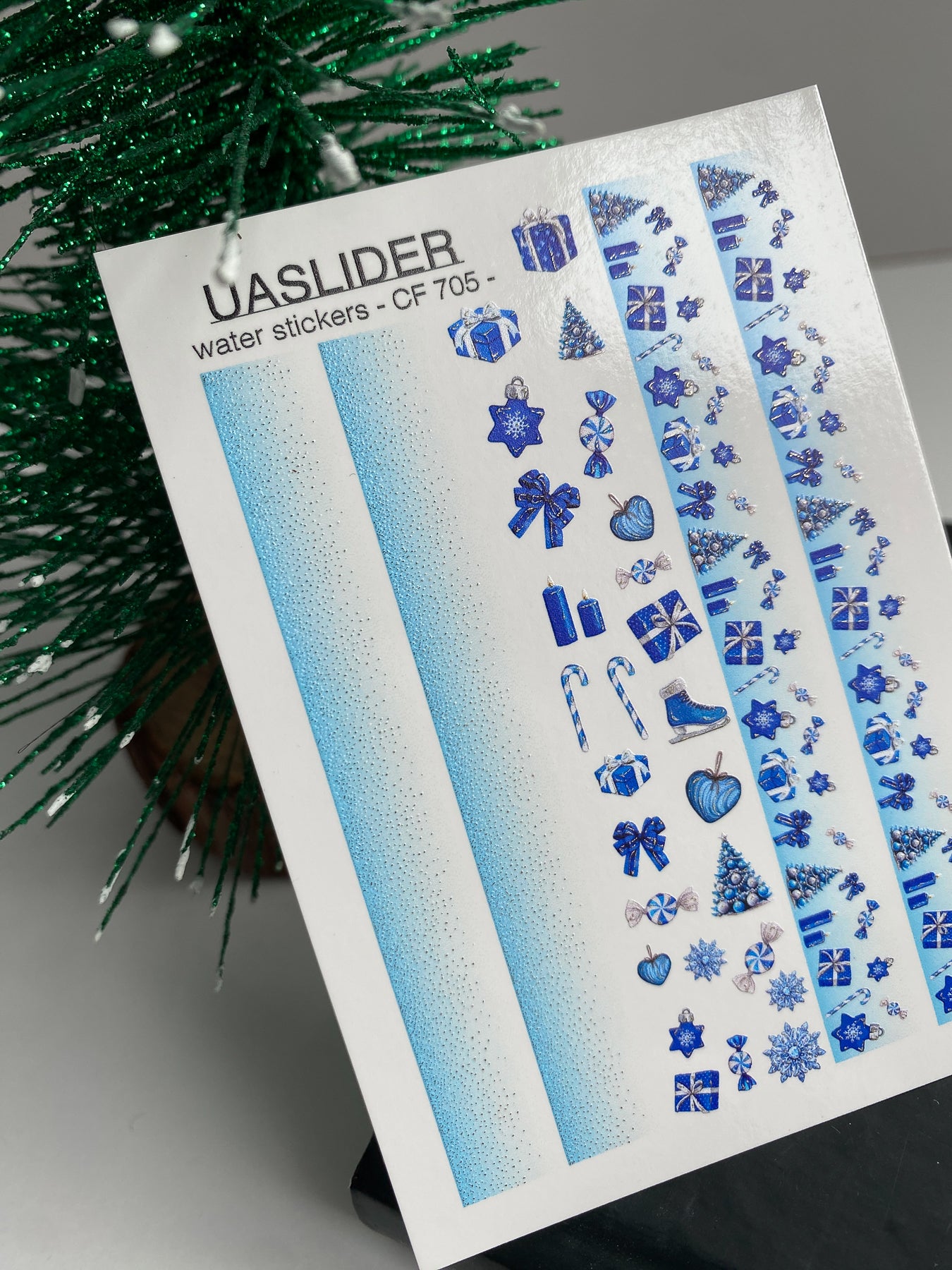 Nail Water Decal CF-705 | Christmas Water Slide Nail Decals | Blue Gradient and Holiday Ornaments