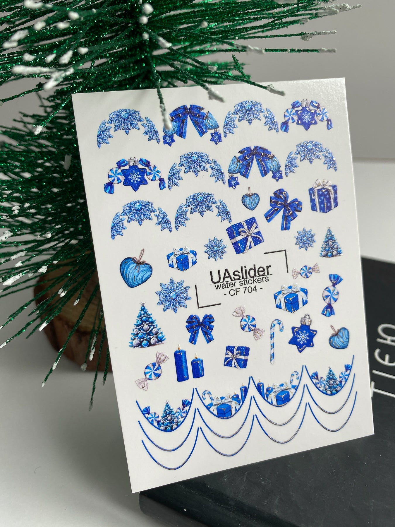 Nail Water Decal CF-704 | Christmas Water Slide Nail Decals | Blue Snowflakes and Holiday Gifts