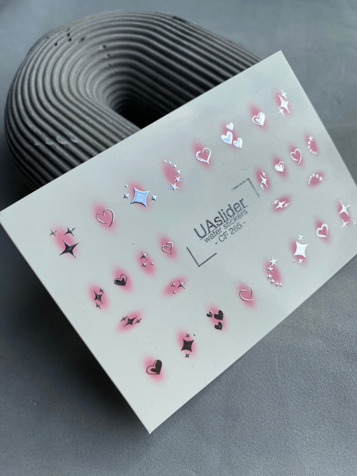 Nail Water Decal CF-265 | Water Slide Nail Decals | Silver Hearts & Stars with Pink Glow