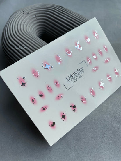 Nail Water Decal CF-265 | Water Slide Nail Decals | Silver Hearts & Stars with Pink Glow