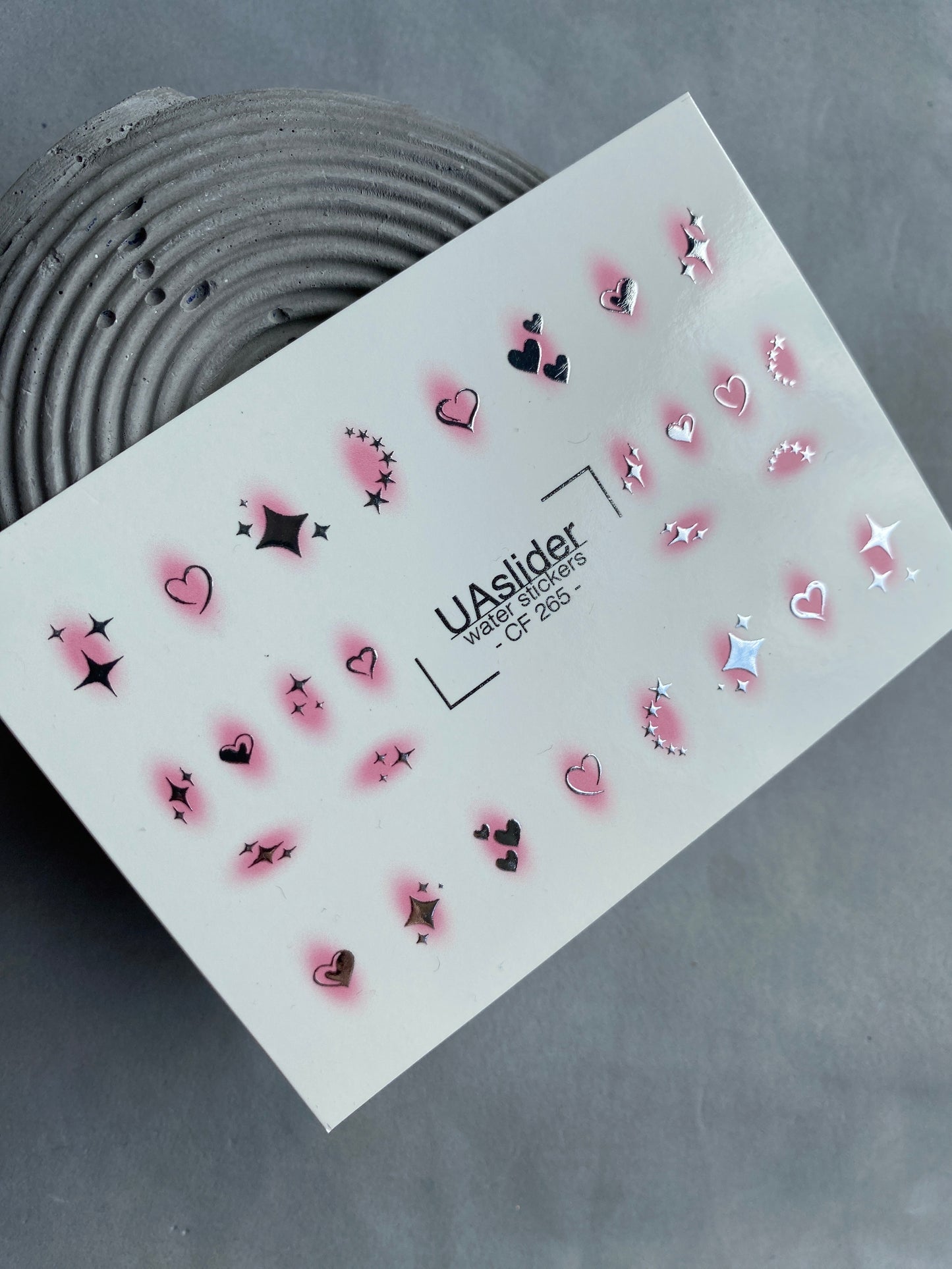 Nail Water Decal CF-265 | Water Slide Nail Decals | Silver Hearts & Stars with Pink Glow