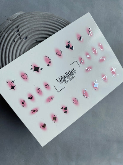 Nail Water Decal CF-265 | Water Slide Nail Decals | Silver Hearts & Stars with Pink Glow