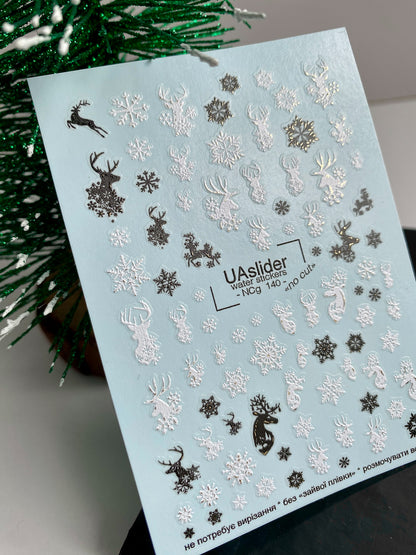 Nail Water Decal NCg-143 | Winter Water Slide Nail Decals | Snowflakes and Reindeer