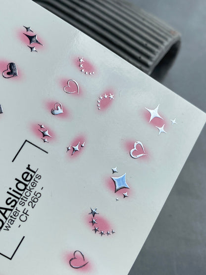 Nail Water Decal CF-265 | Water Slide Nail Decals | Silver Hearts & Stars with Pink Glow