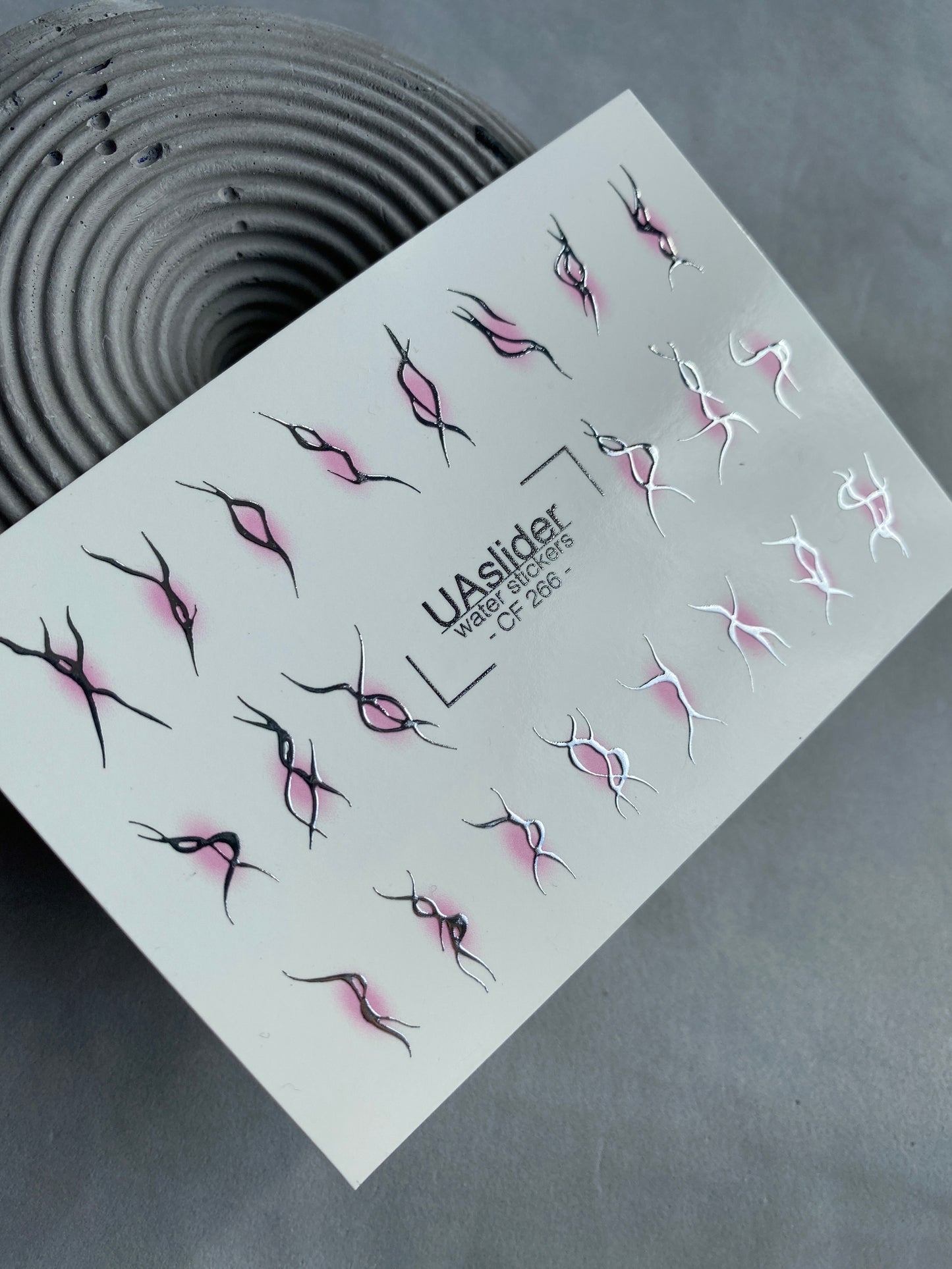 Nail Water Decal CF-266 | Abstract Water Slide Nail Decals | Black & Silver Wave Lines with Pink Glow