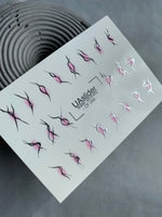 Nail Water Decal CF-266 | Abstract Water Slide Nail Decals | Black & Silver Wave Lines with Pink Glow - UASLIDER