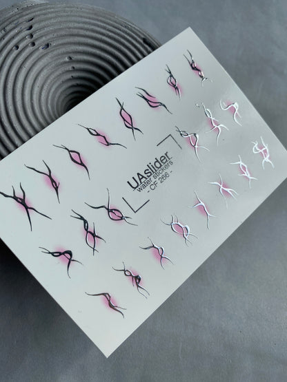Nail Water Decal CF-266 | Abstract Water Slide Nail Decals | Black & Silver Wave Lines with Pink Glow