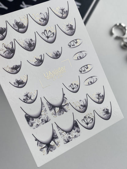 Nail Water Decal CF-474 | Elegant Floral Nail Decals | Grey Lilac Flowers with Gold Details