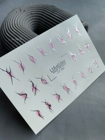 Nail Water Decal CF-266 | Abstract Water Slide Nail Decals | Black & Silver Wave Lines with Pink Glow