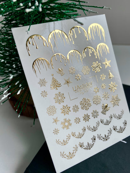 Nail Water Decal Fg-297 | Water Slide Nail Decals | Gold Snowflakes and Holiday French Design