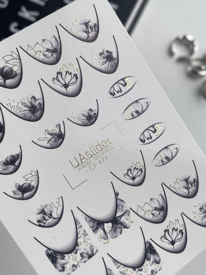 Nail Water Decal CF-474 | Elegant Floral Nail Decals | Grey Lilac Flowers with Gold Details