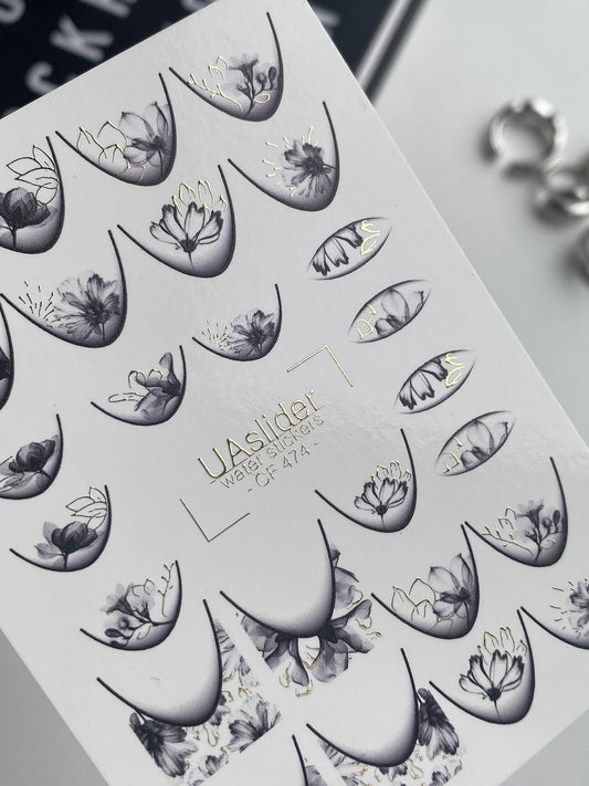 Nail Water Decal CF-474 | Elegant Floral Nail Decals | Grey Lilac Flowers with Gold Details