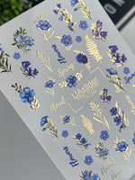 Nail Water Decal CF-209 | Nail Water Decals | Blue Wildflowers with Gold Foil Accents - UASLIDER