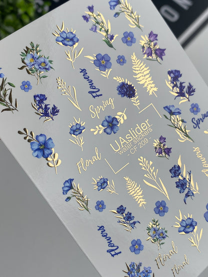 Calcomanía de Agua para Uñas CF-209 | Calcomanías de Agua para Uñas | Flores Silvestres Azules con Detalles en Papel Dorado