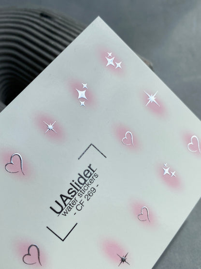 Nail Water Decal CF-269 | Water Slide Nail Decals | Silver Stars & Hearts with Pink Glow