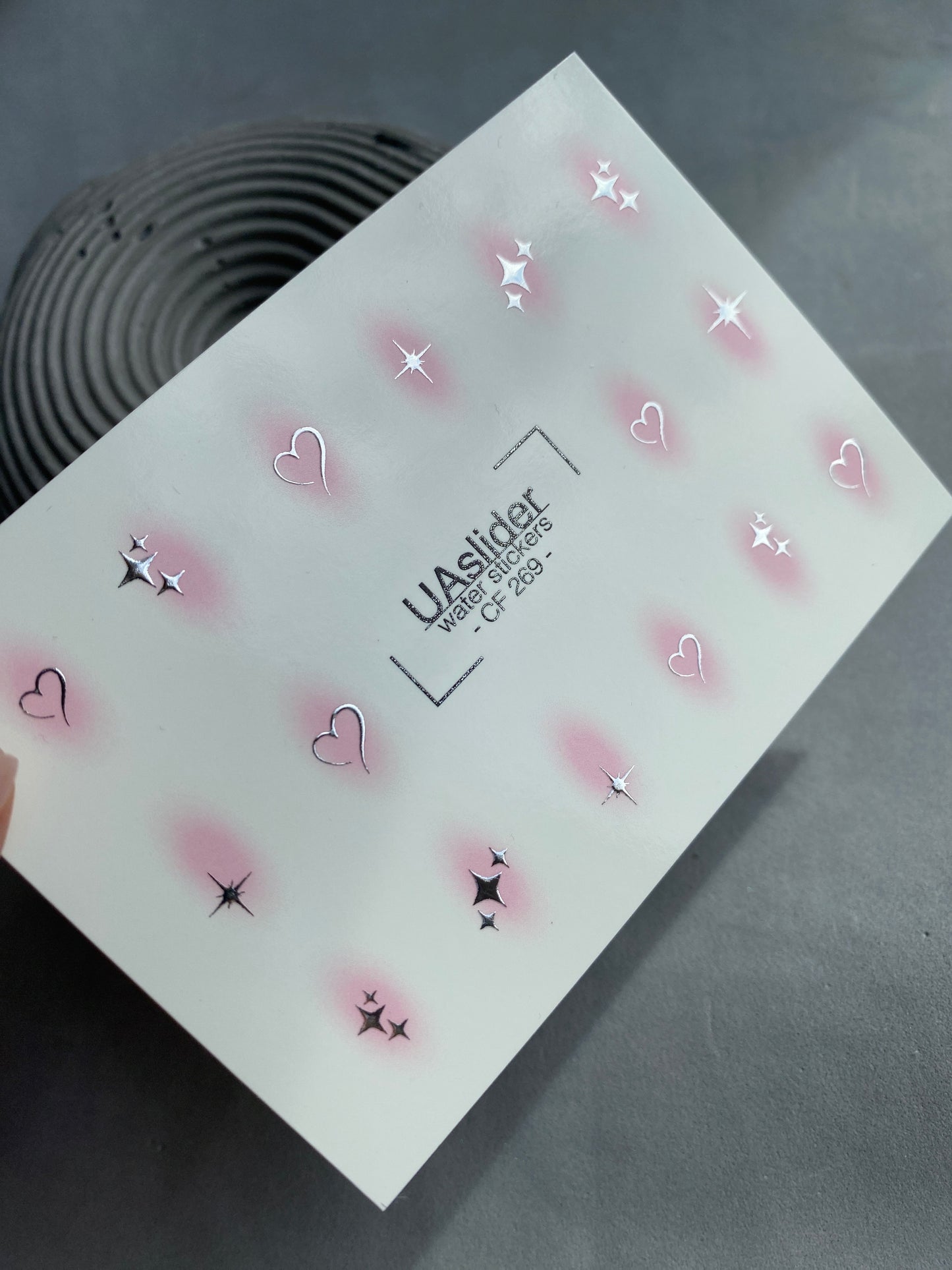 Nail Water Decal CF-269 | Water Slide Nail Decals | Silver Stars & Hearts with Pink Glow
