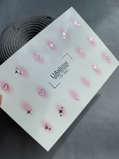 Nail Water Decal CF-269 | Water Slide Nail Decals | Silver Stars & Hearts with Pink Glow