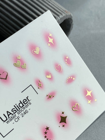 Nail Water Decal CF-246 | Romantic Nail Water Decals | Pink Aura Hearts & Golden Stars