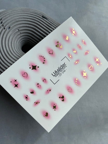Nail Water Decal CF-246 | Romantic Nail Water Decals | Pink Aura Hearts & Golden Stars