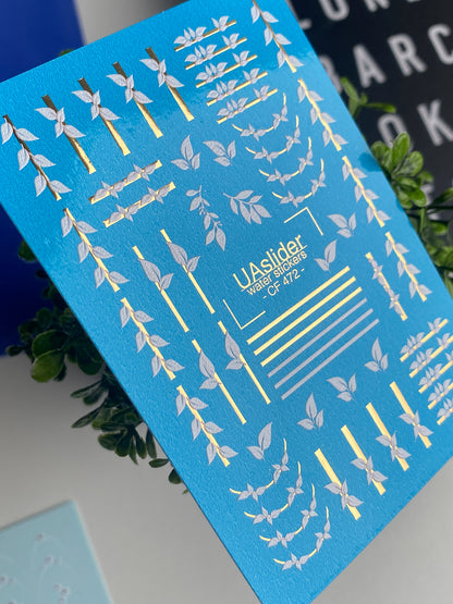 Nail Water Decal CF-472 | Botanical Nail Decals | Minimalist Leaf & Gold Line Stickers