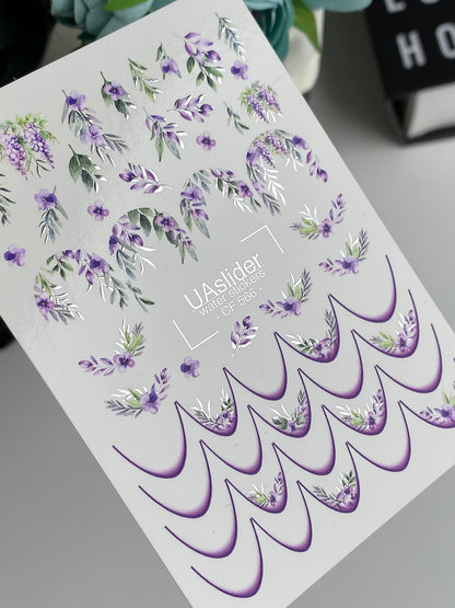 Nail Water Decal CF-566 | French Water Slide Nail Decals with Purple Florals | Botanical Nail Art Designs