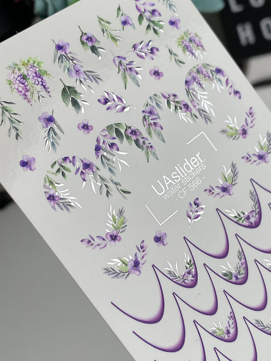 Nail Water Decal CF-566 | French Water Slide Nail Decals with Purple Florals | Botanical Nail Art Designs