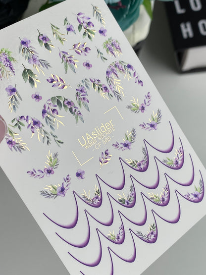 Nail Water Decal CF-565 | French Water Slide Nail Decals with Purple Flowers | Floral French Nail Art