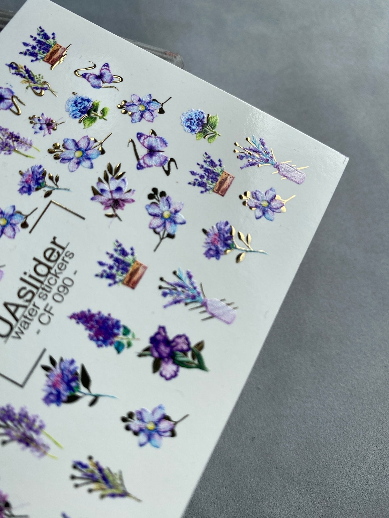 Nail Water Decal CF-090 | Lavender & Violet Floral Water Slide Nail Decals | Purple Flowers & Butterflies - UASLIDER