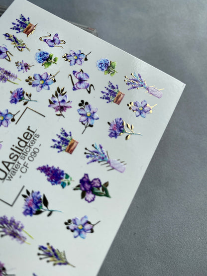 Nail Water Decal CF-090 | Lavender & Violet Floral Water Slide Nail Decals | Purple Flowers & Butterflies