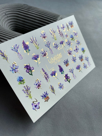 Nail Water Decal CF-090 | Lavender & Violet Floral Water Slide Nail Decals | Purple Flowers & Butterflies