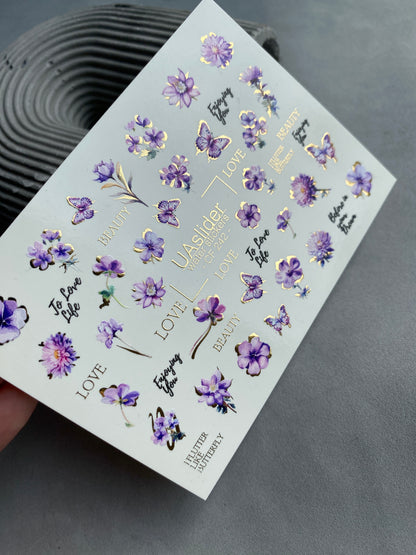 Nail Water Decal CF-090 | Lavender & Violet Floral Water Slide Nail Decals | Purple Flowers & Butterflies