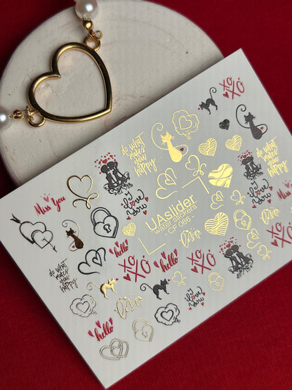 Nail Water Decal CF-086 | Romantic Cats & Love Symbols Water Slide Nail Decals | Hearts, Locks & Quotes