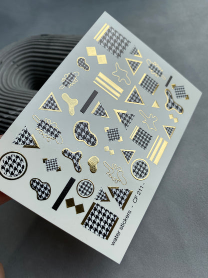 Nail Water Decal CF-211 | Nail Water Decals | Geometric Houndstooth & Gold Foil Shapes