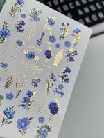 Nail Water Decal CF-209 | Nail Water Decals | Blue Wildflowers with Gold Foil Accents - UASLIDER
