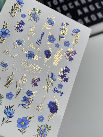 Calcomanía de Agua para Uñas CF-209 | Calcomanías de Agua para Uñas | Flores Silvestres Azules con Detalles en Papel Dorado