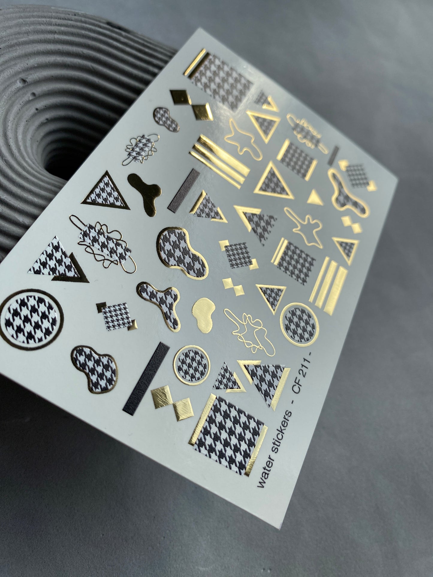Nail Water Decal CF-211 | Nail Water Decals | Geometric Houndstooth & Gold Foil Shapes