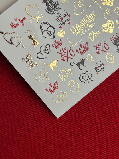 Nail Water Decal CF-086 | Romantic Cats & Love Symbols Water Slide Nail Decals | Hearts, Locks & Quotes