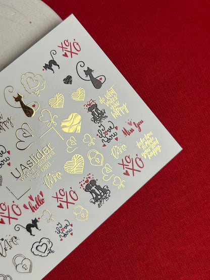 Nail Water Decal CF-086 | Romantic Cats & Love Symbols Water Slide Nail Decals | Hearts, Locks & Quotes