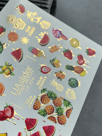 Nail Water Decal CF-224 | Fruit Water Slide Nail Decals | Summer Fruits & Ice Cream with Gold