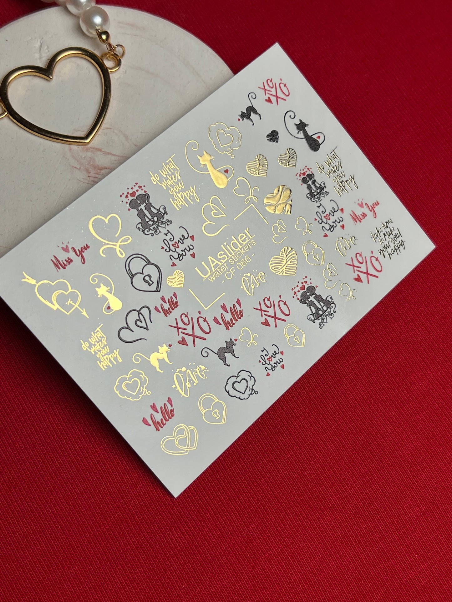 Nail Water Decal CF-086 | Romantic Cats & Love Symbols Water Slide Nail Decals | Hearts, Locks & Quotes