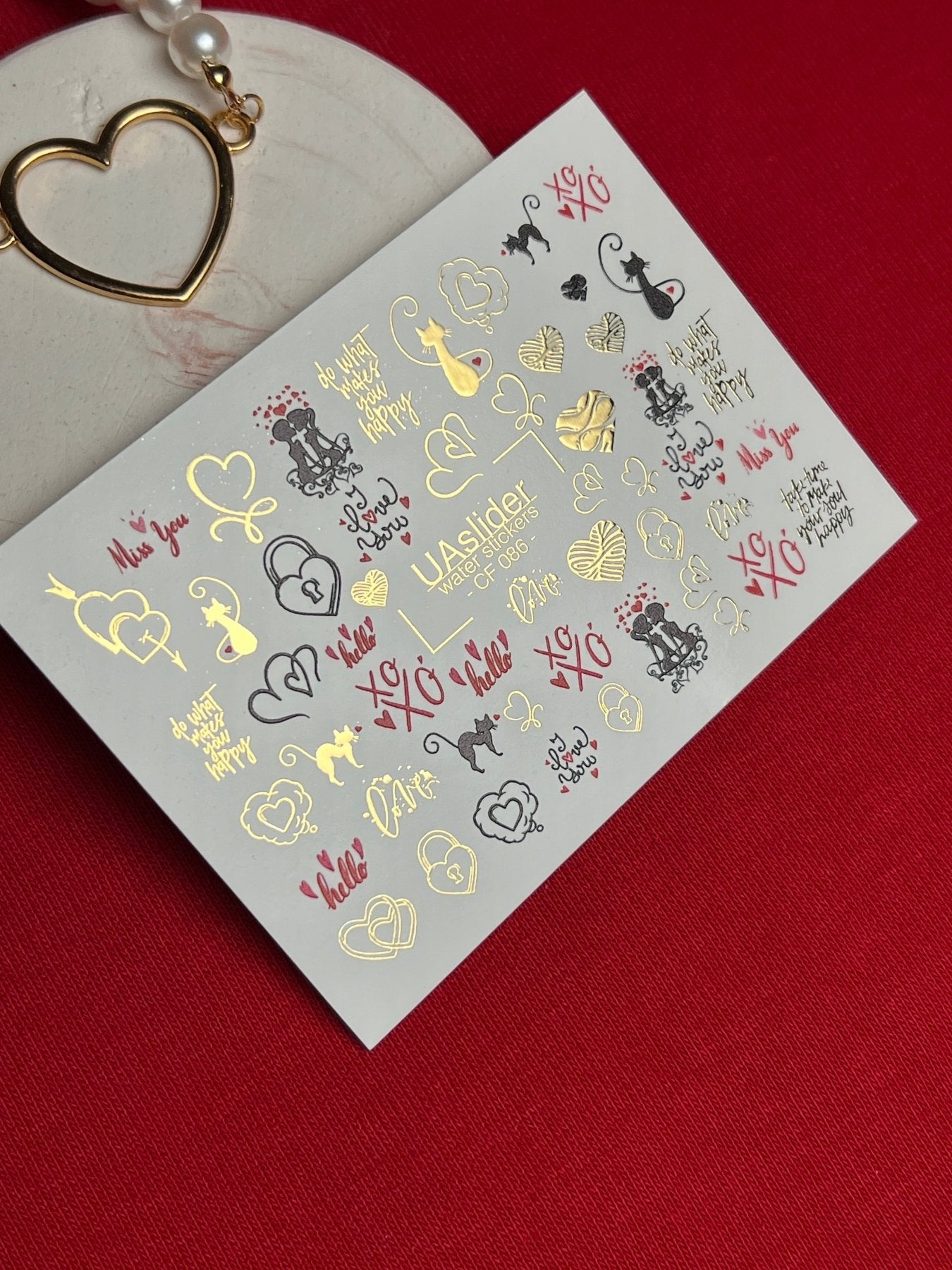 Nail Water Decal CF-086 | Romantic Cats & Love Symbols Water Slide Nail Decals | Hearts, Locks & Quotes - UASLIDER