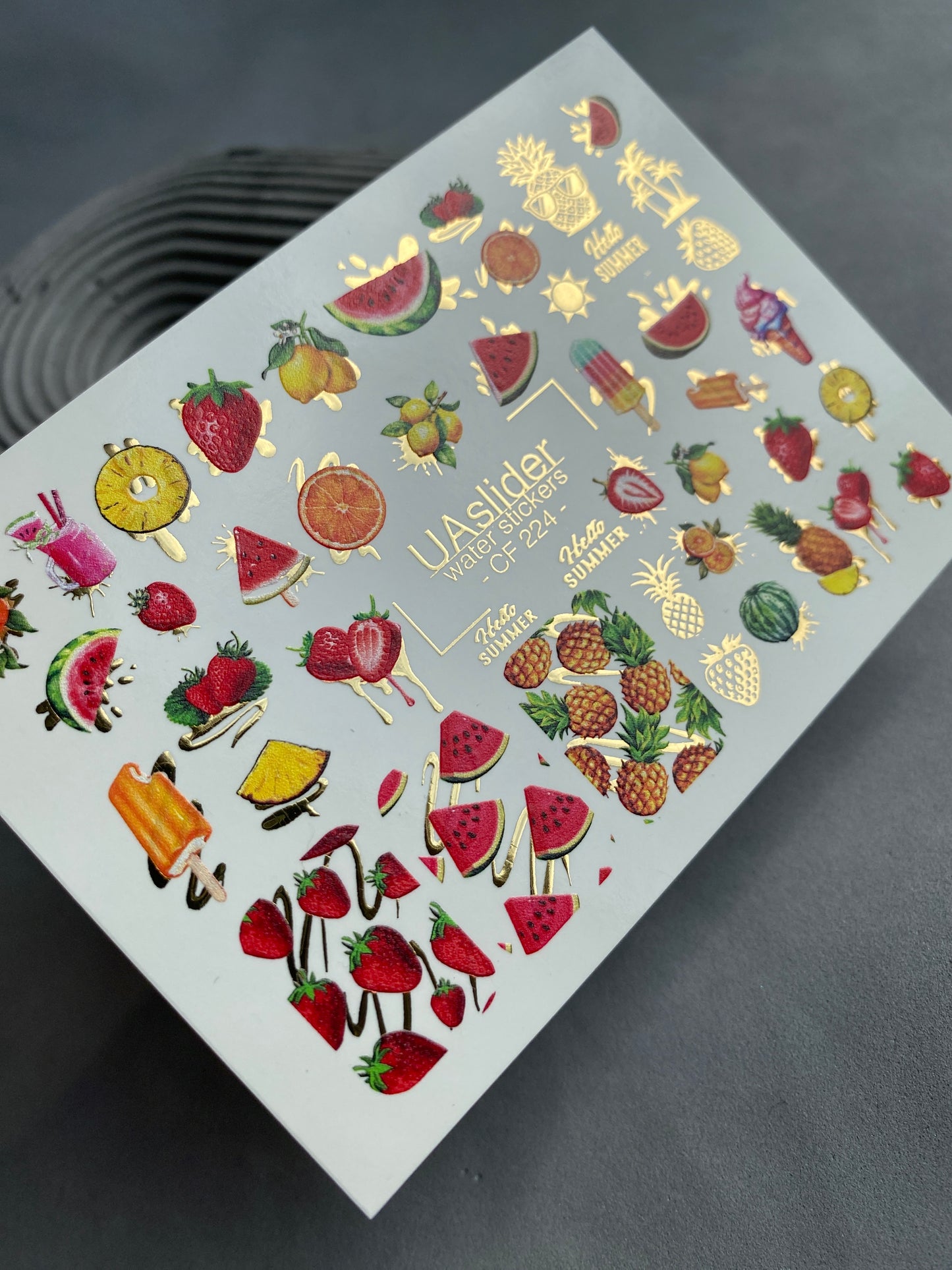 Nail Water Decal CF-224 | Fruit Water Slide Nail Decals | Summer Fruits & Ice Cream with Gold