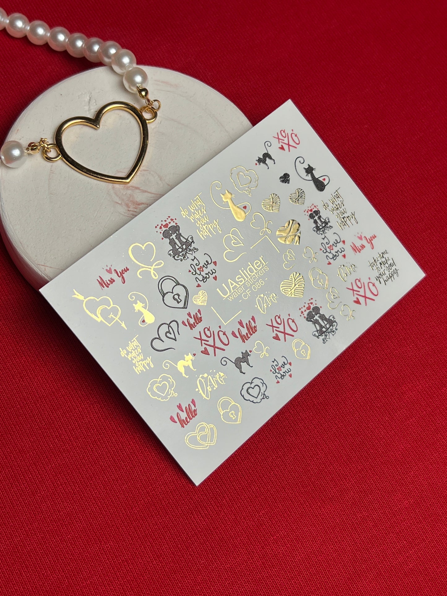 Nail Water Decal CF-086 | Romantic Cats & Love Symbols Water Slide Nail Decals | Hearts, Locks & Quotes