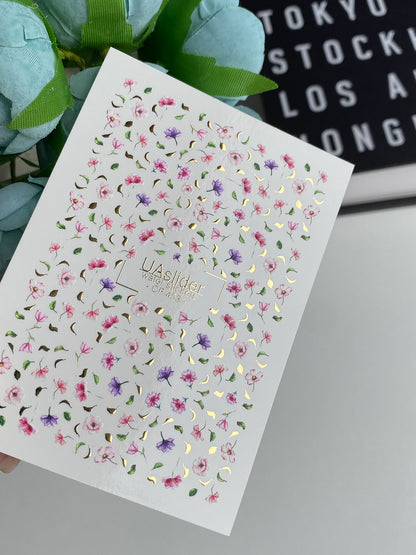 Nail Water Decal CF-453 | Floral Water Slide Nail Decals | Tiny Pink & Purple Flowers with Gold