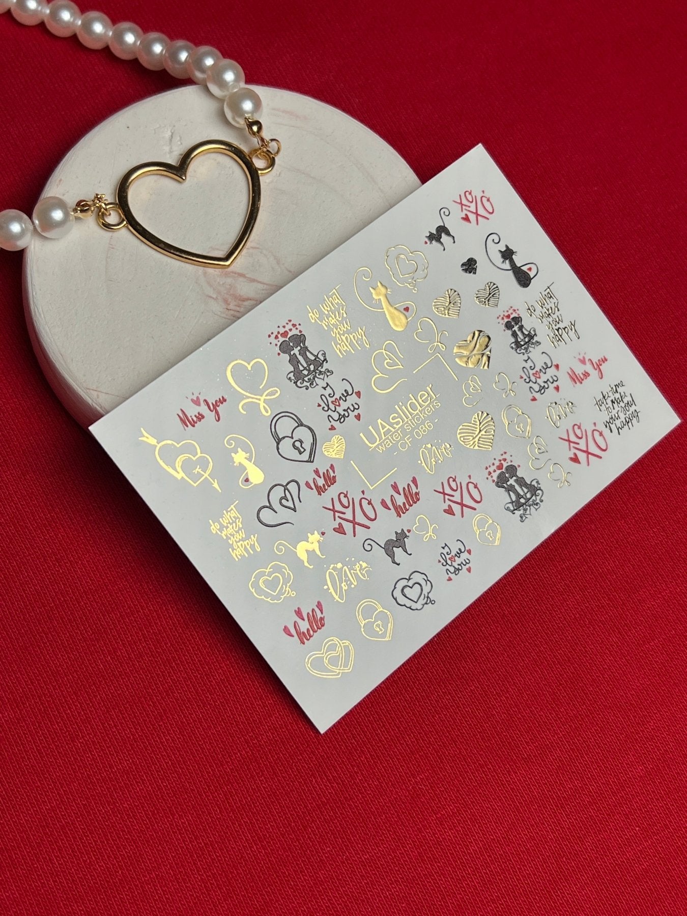 Nail Water Decal CF-086 | Romantic Cats & Love Symbols Water Slide Nail Decals | Hearts, Locks & Quotes - UASLIDER