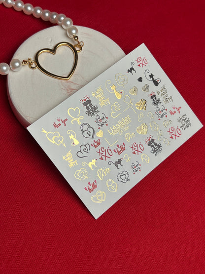 Nail Water Decal CF-086 | Romantic Cats & Love Symbols Water Slide Nail Decals | Hearts, Locks & Quotes