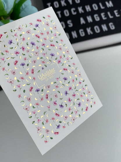 Nail Water Decal CF-453 | Floral Water Slide Nail Decals | Tiny Pink & Purple Flowers with Gold