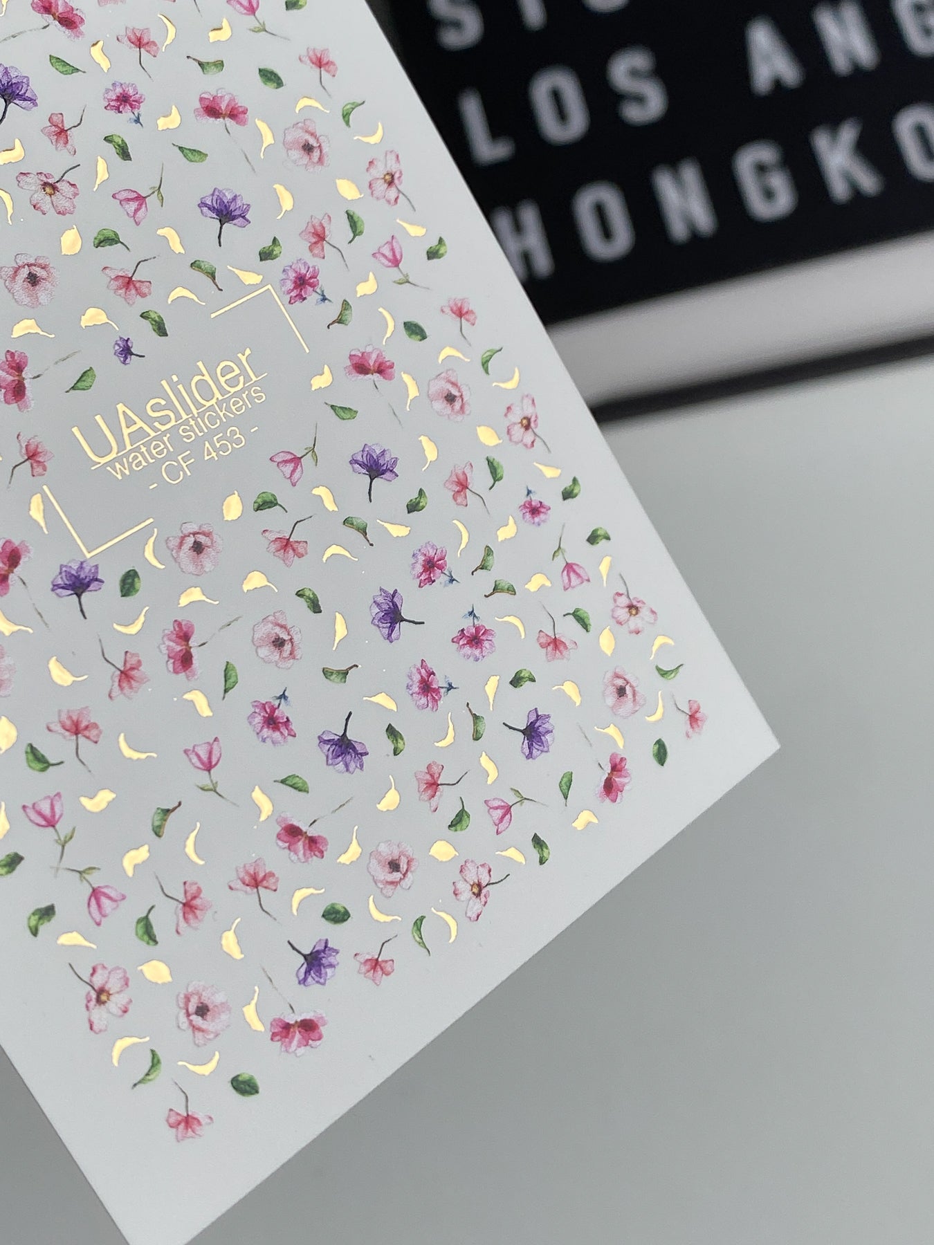 Nail Water Decal CF-453 | Floral Water Slide Nail Decals | Tiny Pink & Purple Flowers with Gold