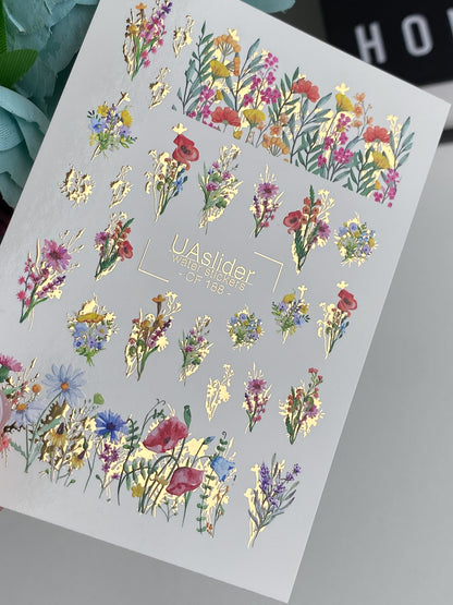 ネイルウォーターデカール CF-188 | ネイルウォーターデカール | ゴールデンアクセント付きワイルドフラワーブーケ