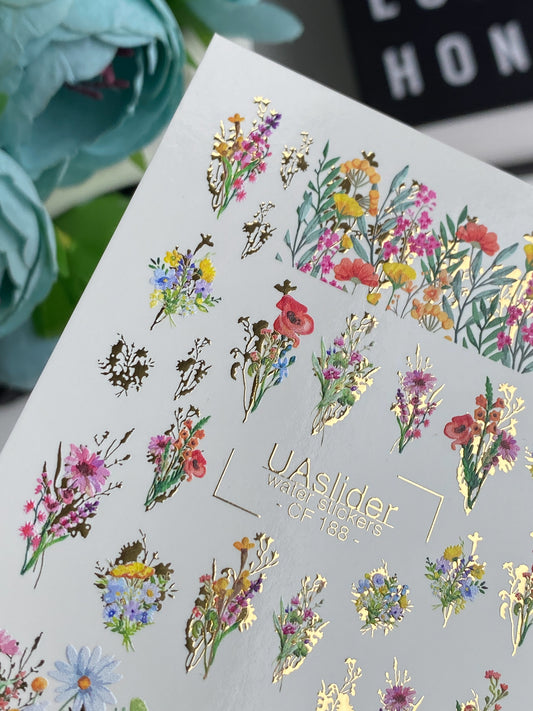 Nail Water Decal CF-188 | Nail Water Decals | Wildflower Bouquets with Golden Accents
